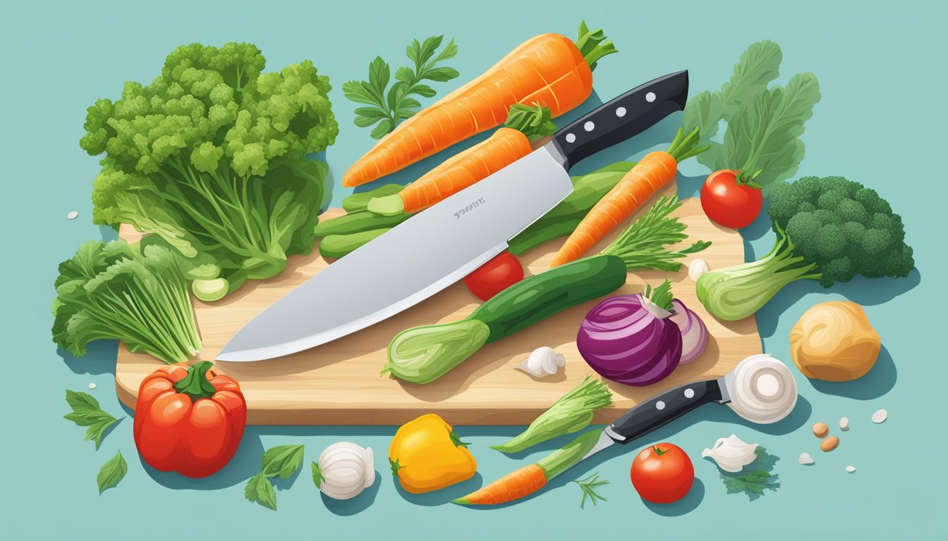 A colorful array of fresh and frozen vegetables, surrounded by lush greenery and a clear blue sky. A chef's knife and cutting board sit nearby, ready for culinary use