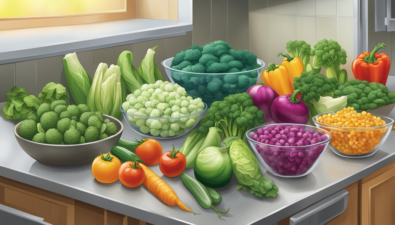 A vibrant array of fresh and frozen vegetables arranged on a kitchen counter, showcasing their colorful variety and potential for nutritious and convenient culinary use