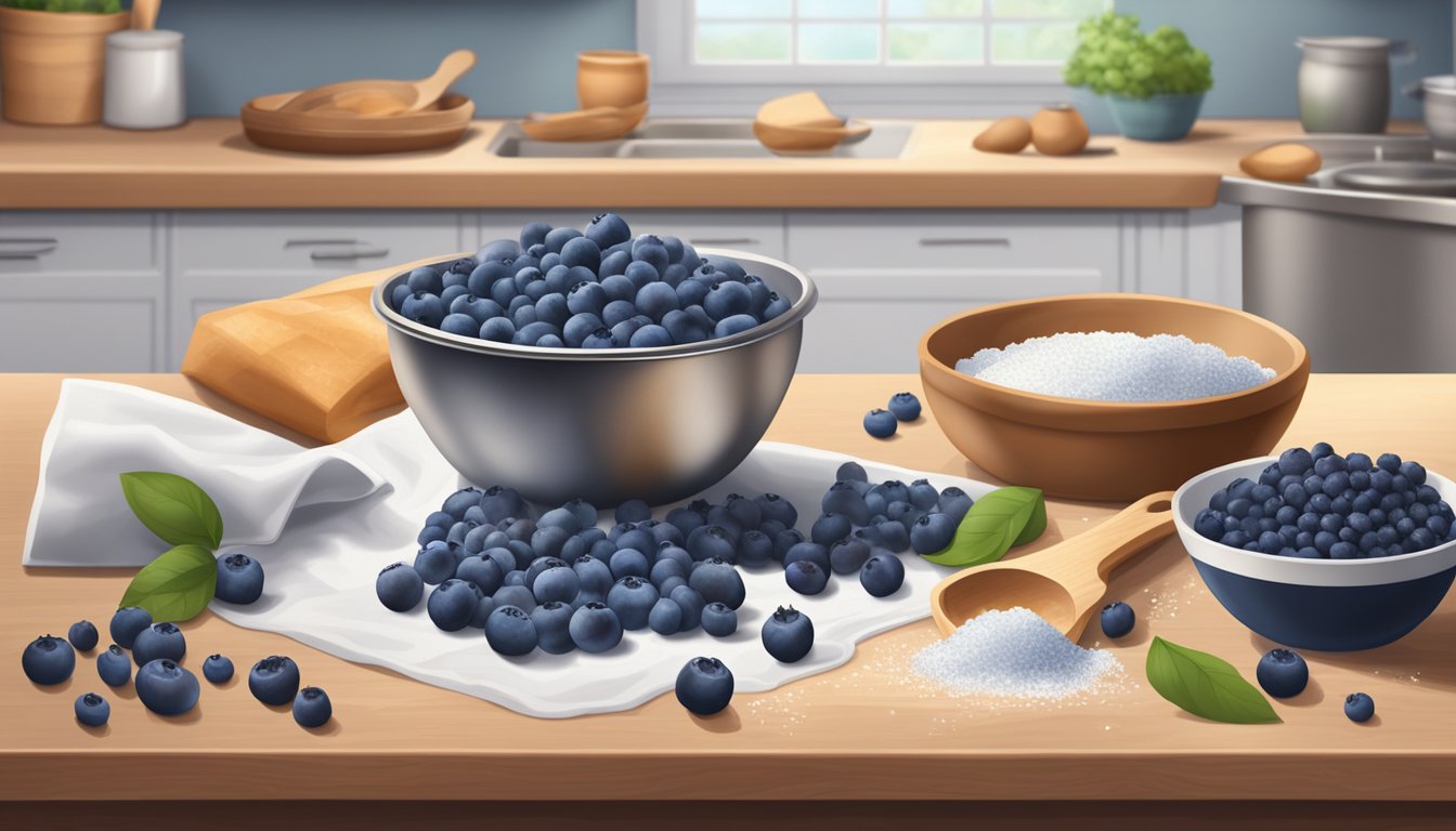 A vibrant pile of fresh blueberries next to a bag of frozen blueberries, surrounded by baking ingredients and a mixing bowl on a kitchen counter