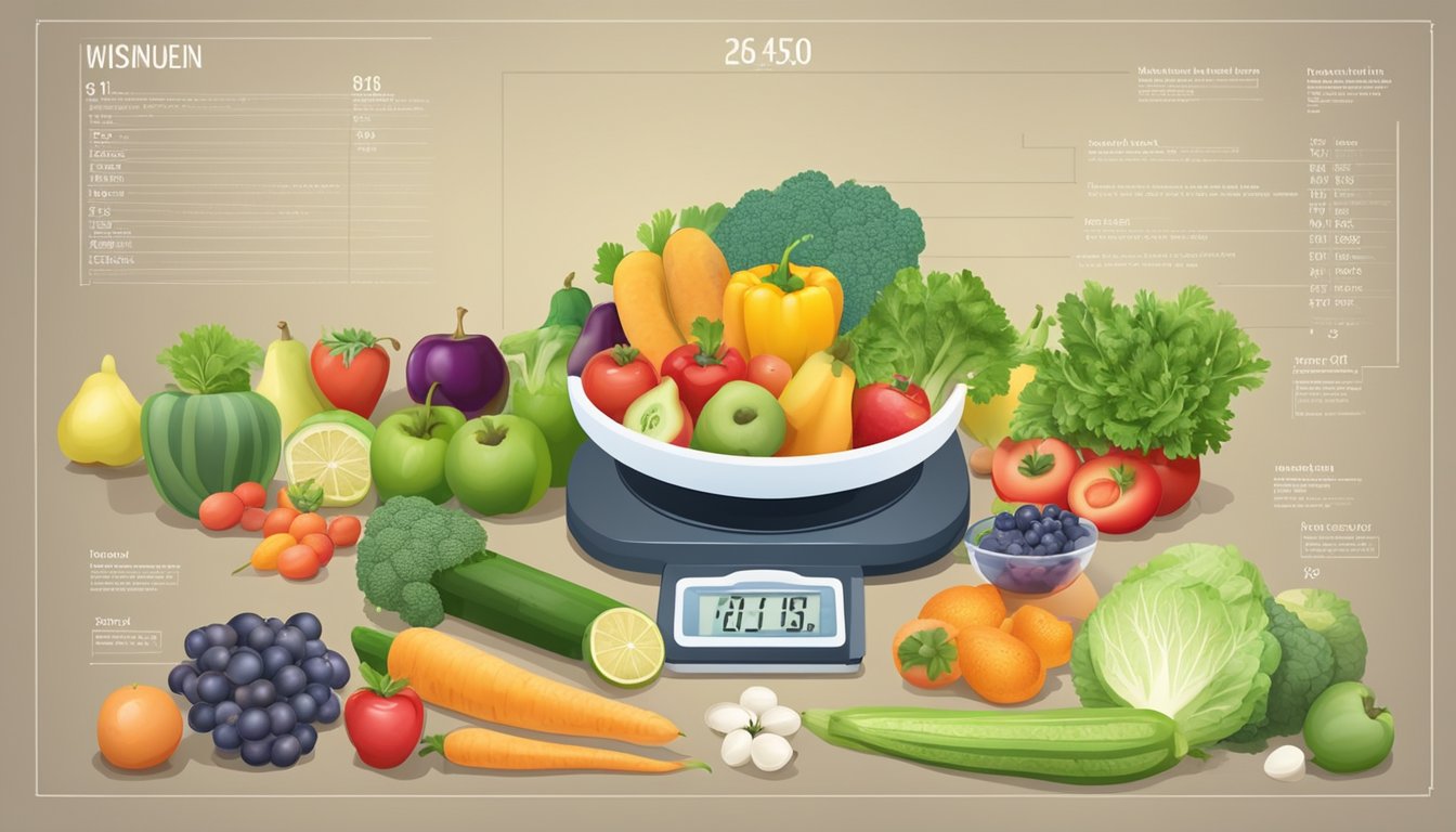 A table with fresh and frozen fruits and vegetables, a scale measuring weight, and nutritional information displayed on a chart