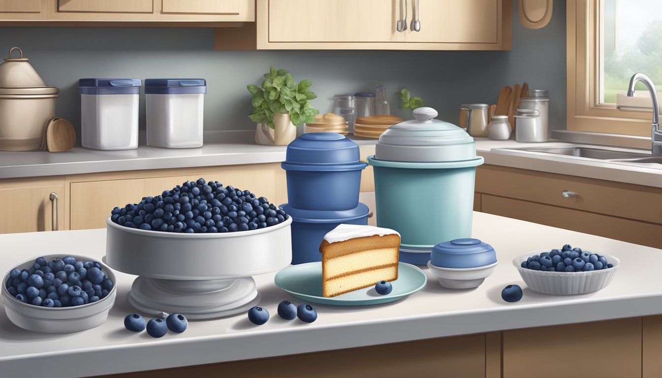 A kitchen counter with fresh and frozen blueberries, a cake, and storage containers