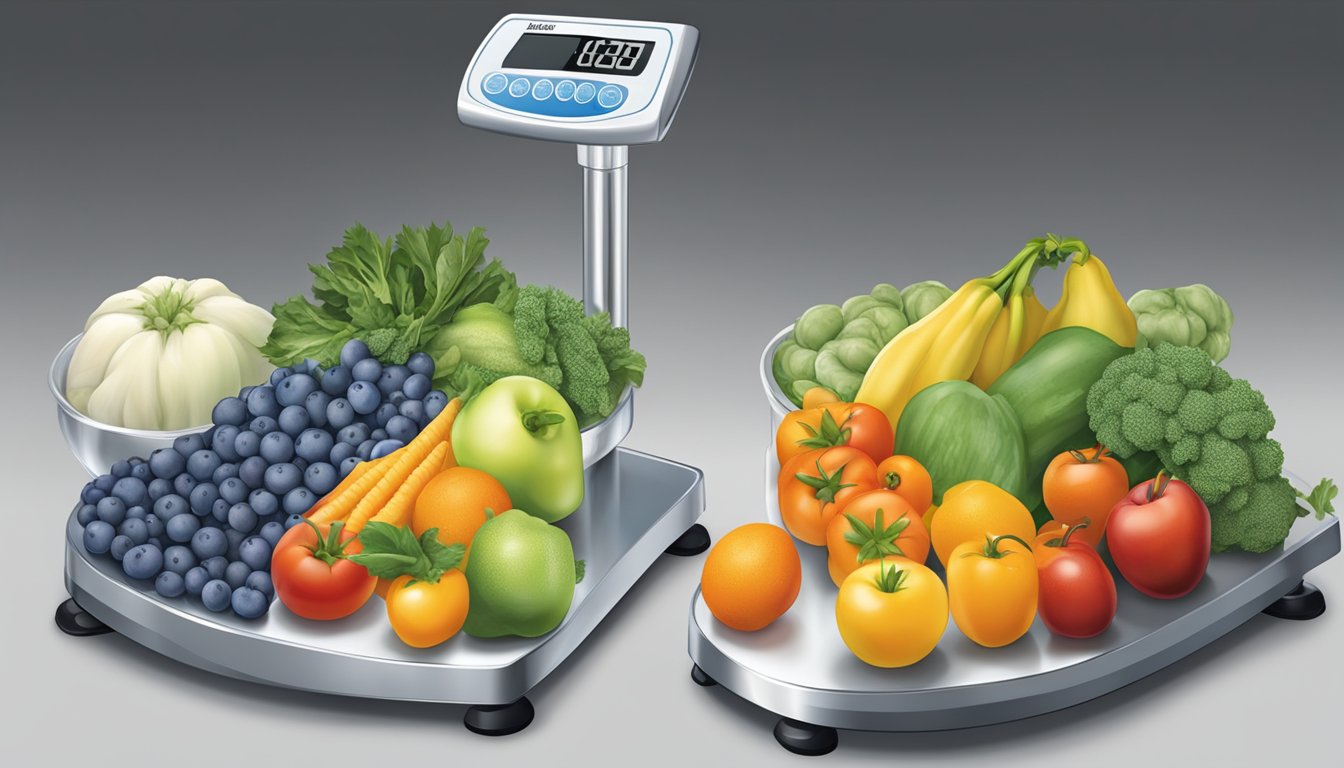 A scale displaying frozen and fresh produce, with the frozen side weighing less due to the water content