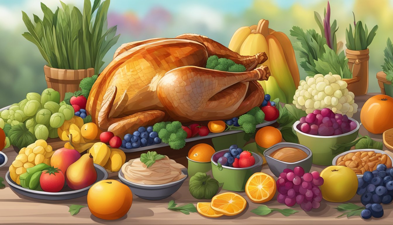 A table with a roasted fresh turkey on one side and a frozen turkey on the other, surrounded by colorful fruits and vegetables