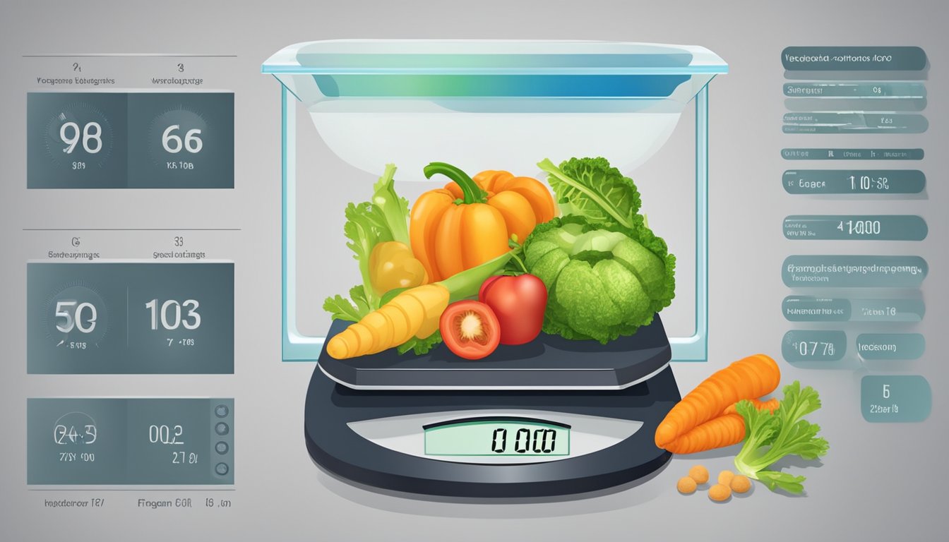 A scale weighing a frozen and fresh vegetable, with a chart showing the difference in weight