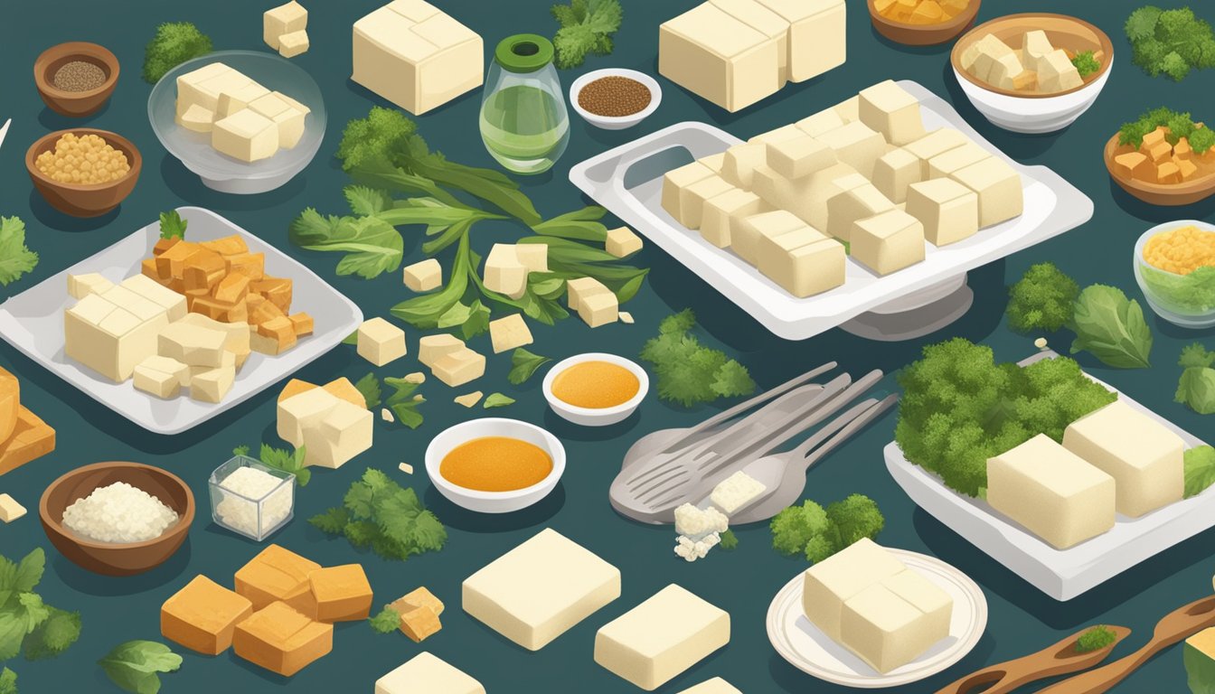 A table with a variety of tofu blocks - some fresh and some frozen - alongside different utensils and ingredients for cooking