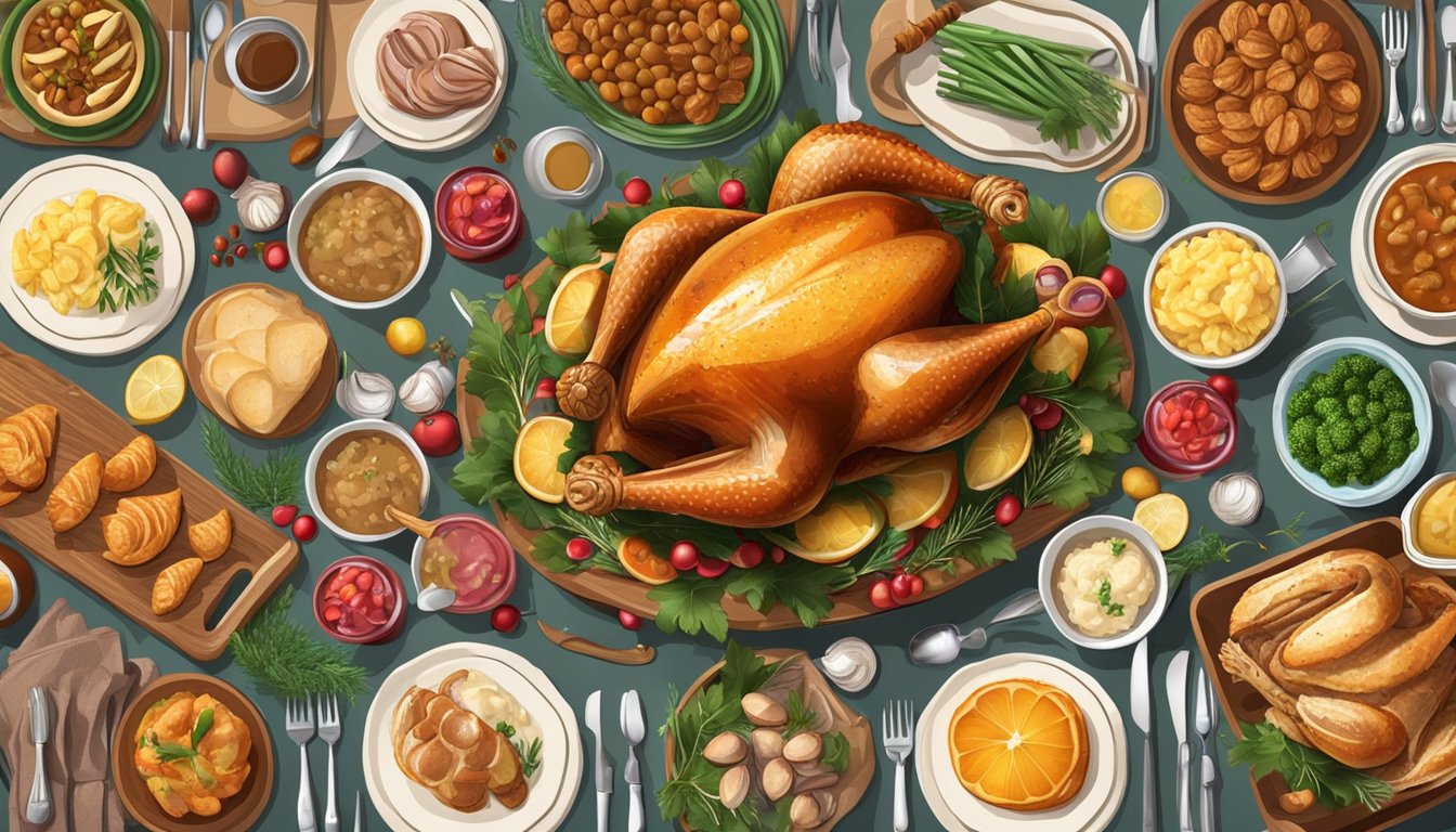 A family dinner table with a fresh and a frozen turkey, surrounded by various holiday feast ingredients and cooking utensils