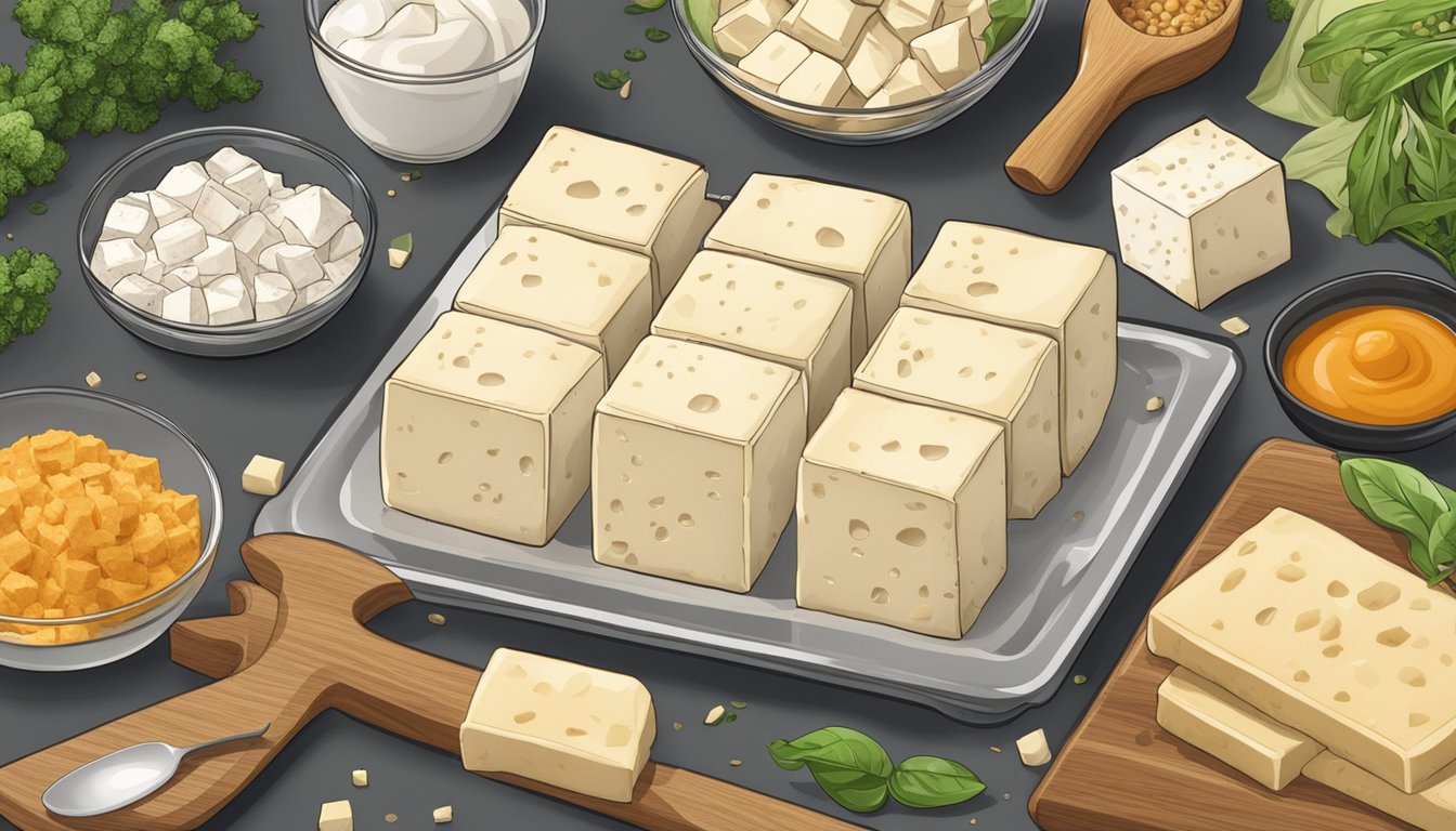 A table with fresh and frozen tofu blocks, surrounded by various cooking ingredients and utensils. The fresh tofu is soft and moist, while the frozen tofu has a firmer texture