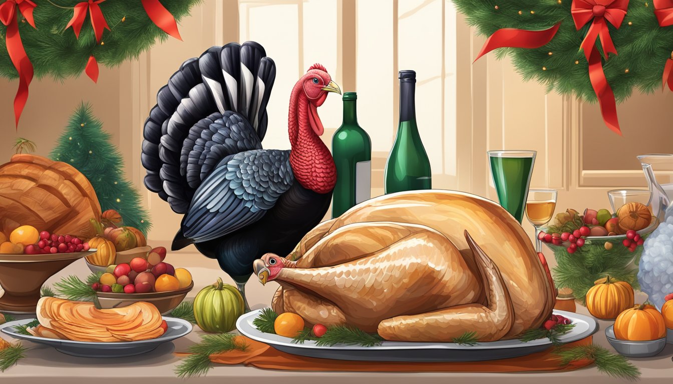 A table with a fresh turkey on one side and a frozen turkey on the other, surrounded by festive holiday decorations