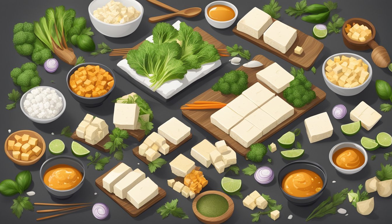 A table with fresh and frozen tofu blocks, surrounded by various cooking ingredients and utensils