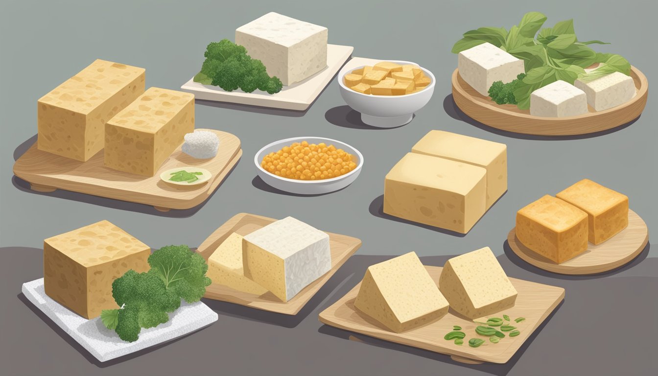 A table showcasing various types of tofu: fresh and frozen, with different textures and culinary applications across different culinary traditions