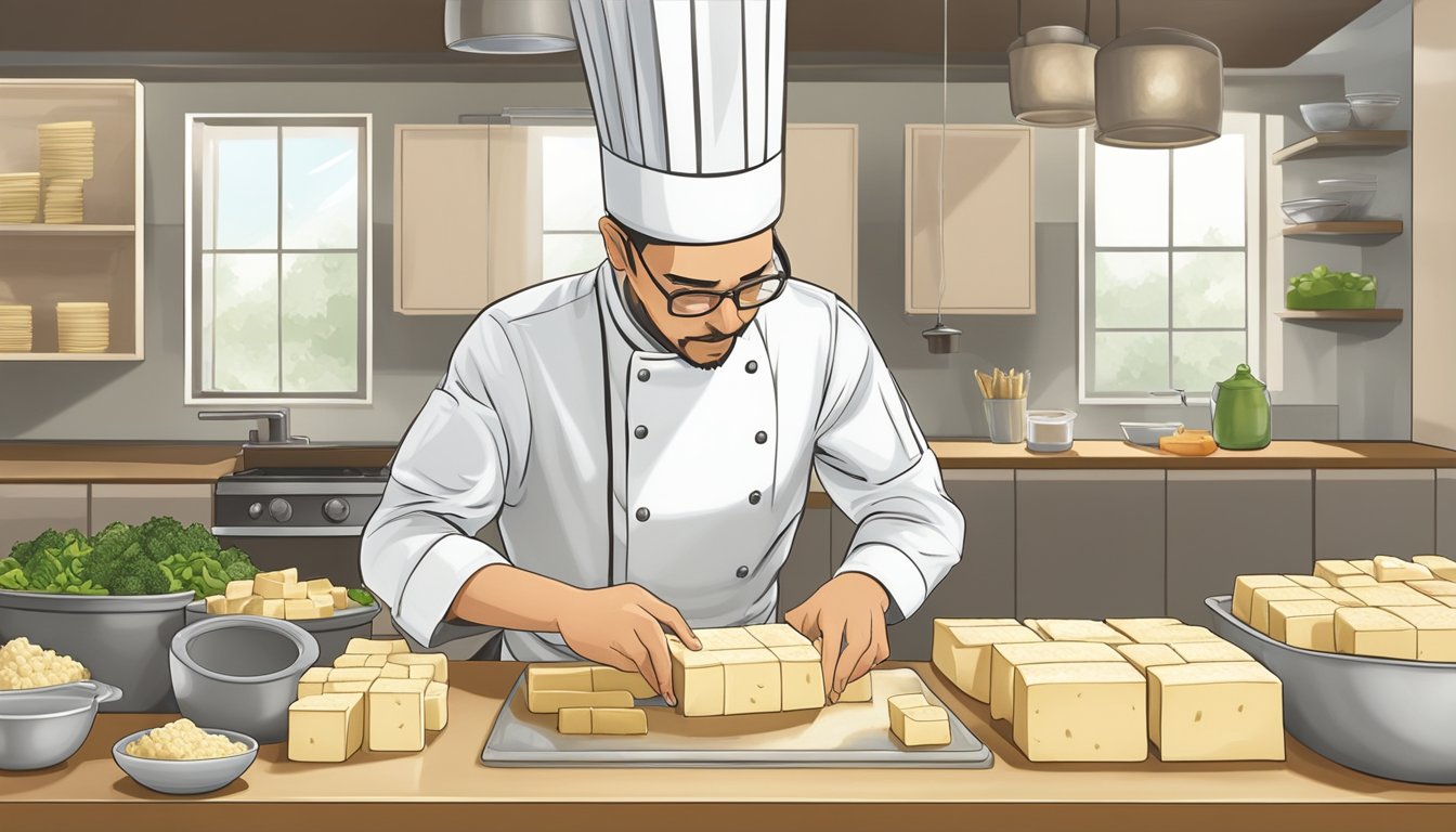 A chef carefully slices fresh tofu, examining its texture and flavor, while a separate container of frozen tofu sits nearby, ready for culinary experimentation