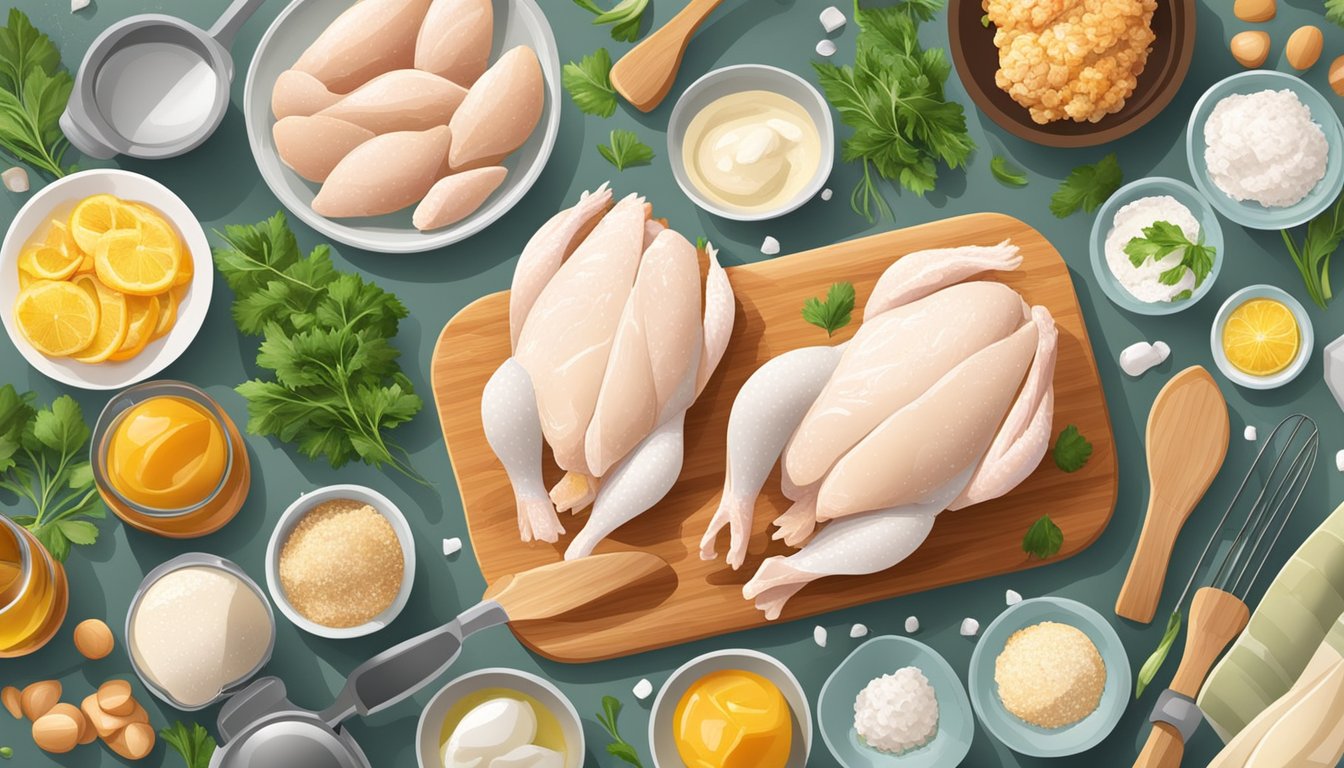 A kitchen counter with fresh and frozen chicken breasts, surrounded by various cooking utensils and ingredients