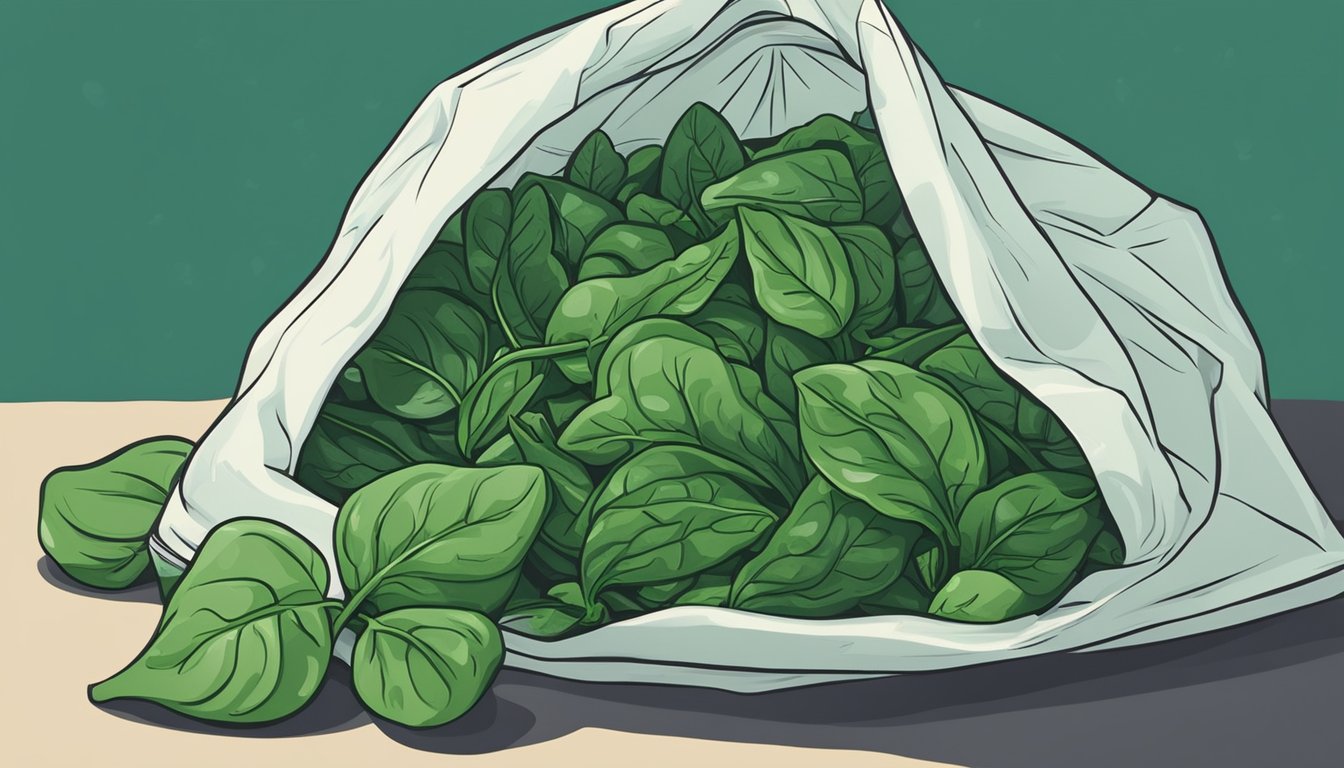 A pile of fresh spinach leaves next to a bag of frozen spinach, with a clear contrast in color and texture