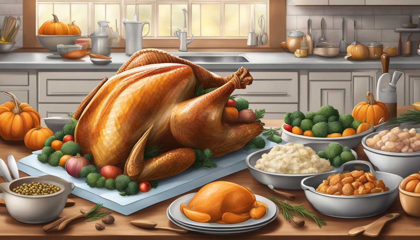 A frozen turkey and a fresh turkey sit side by side on a kitchen counter, surrounded by various Thanksgiving ingredients and cooking utensils