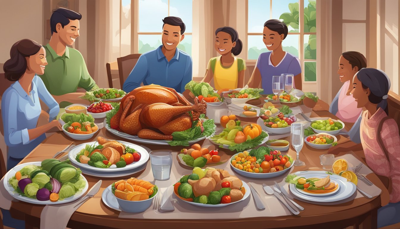 A family gathering around a table with a roasted turkey in the center, surrounded by fresh vegetables and fruits. The table is set with plates, cutlery, and glasses of water