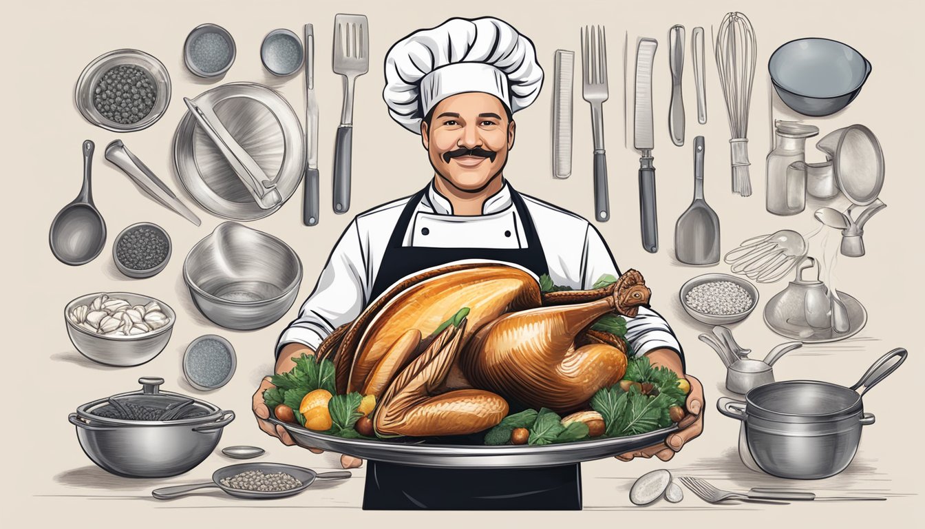 A chef holds a fresh and frozen turkey in each hand, surrounded by a variety of cooking utensils and ingredients