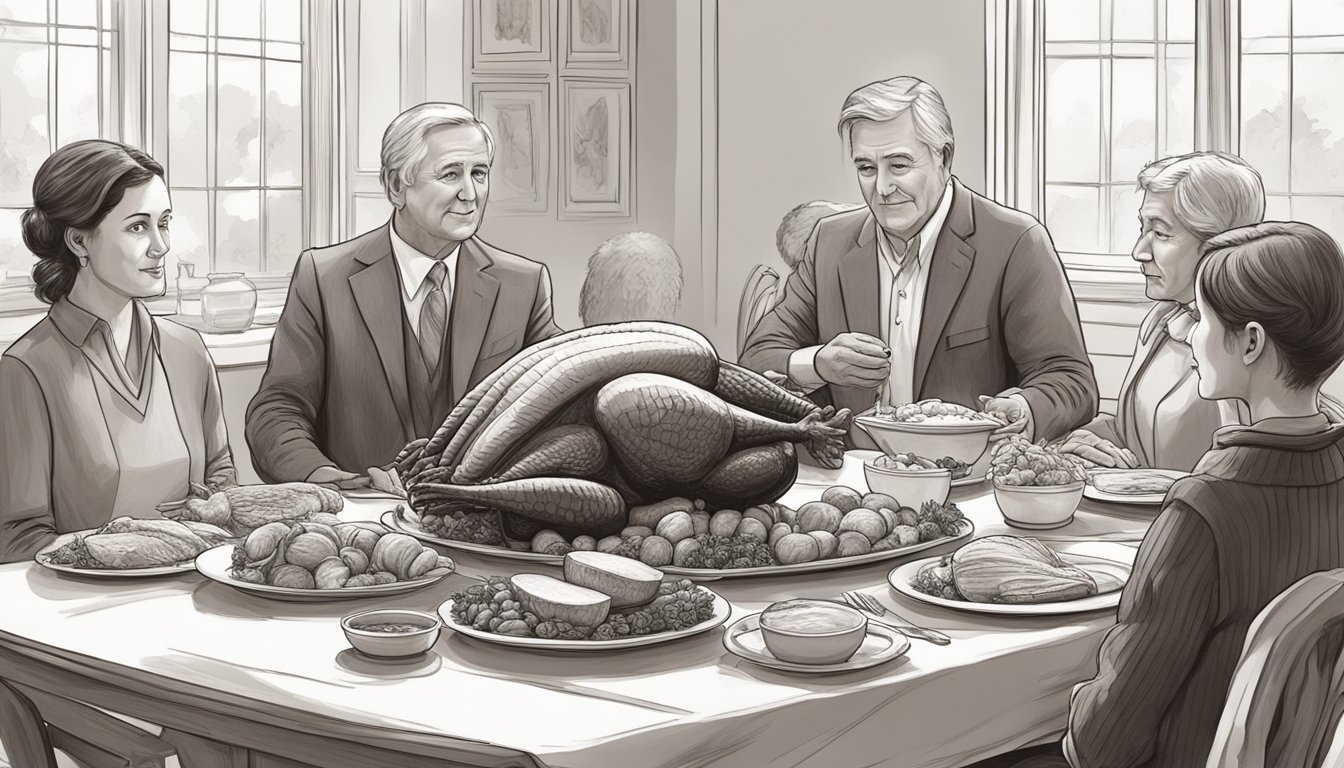 A family gathering around a table with a fresh turkey on one side and a frozen turkey on the other, representing the debate over personal preference and tradition