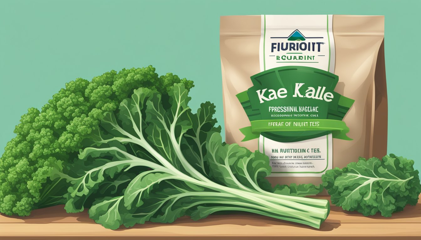 A vibrant bunch of fresh kale sits next to a bag of frozen kale. A nutrition label and taste test are displayed, highlighting the convenience of each option