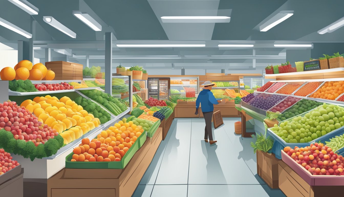 A bustling farmer's market with colorful displays of fresh fruit next to a supermarket freezer aisle stocked with various frozen fruit options