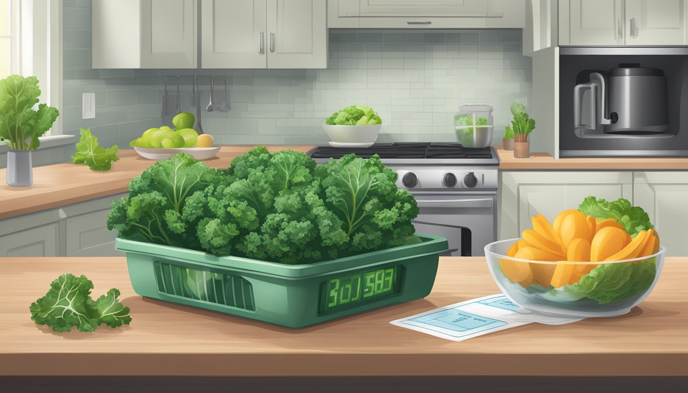 A kitchen counter with fresh and frozen kale, a nutrition label, and a timer