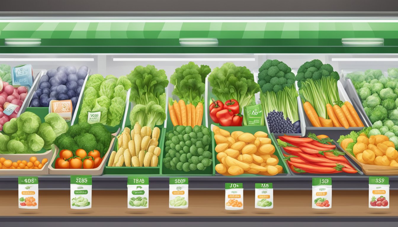 A grocery store display featuring fresh and frozen vegetables, with price tags for comparison