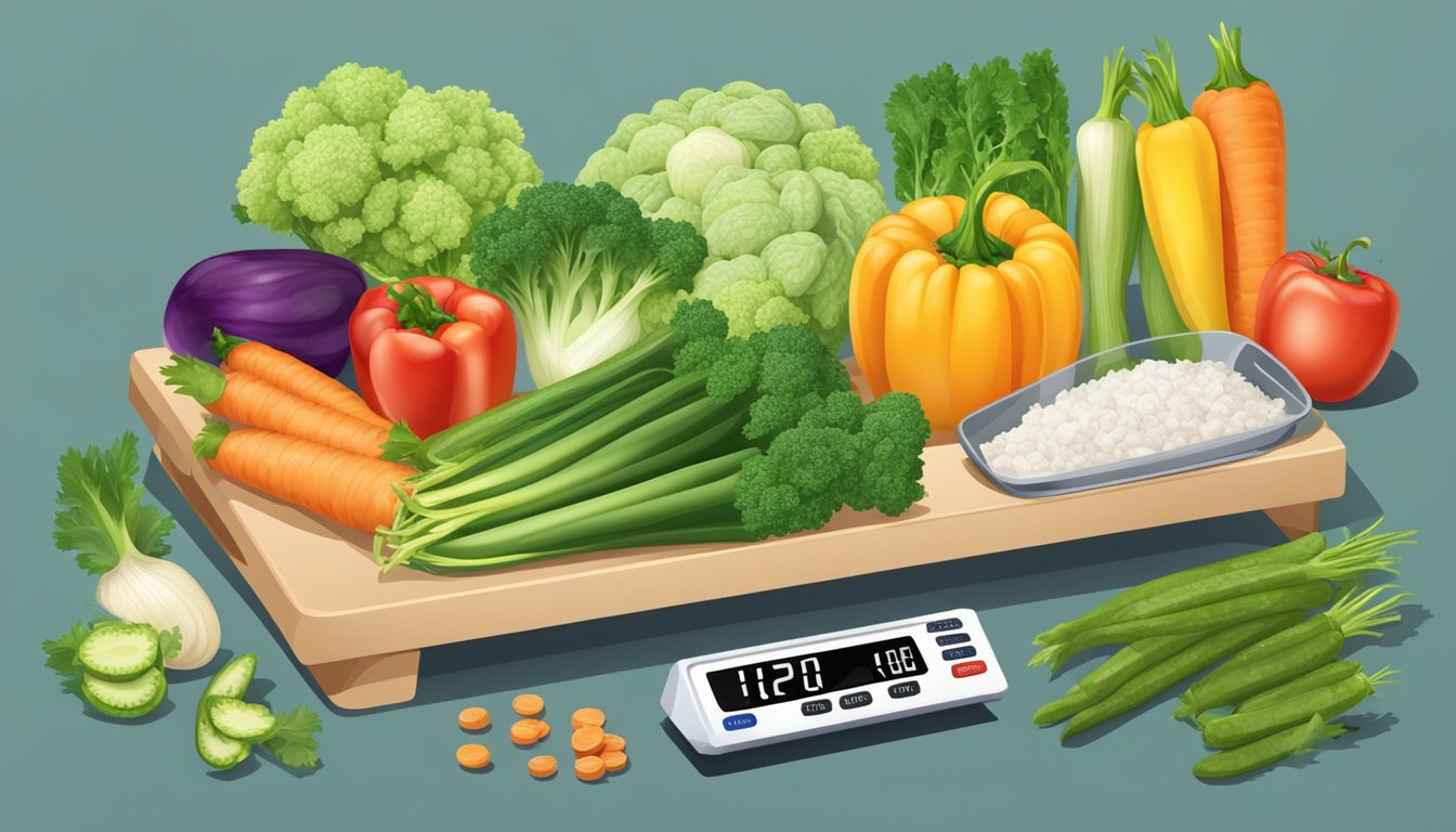 A table with fresh and frozen vegetables, price tags, and a scale for comparison