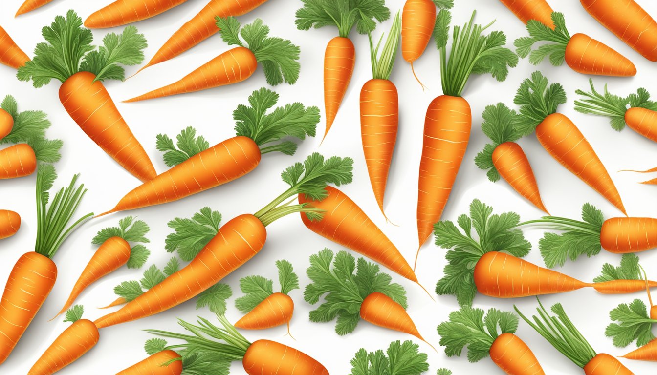 A colorful array of fresh and frozen carrots, with vibrant orange hues and green leafy tops, displayed on a clean, white surface