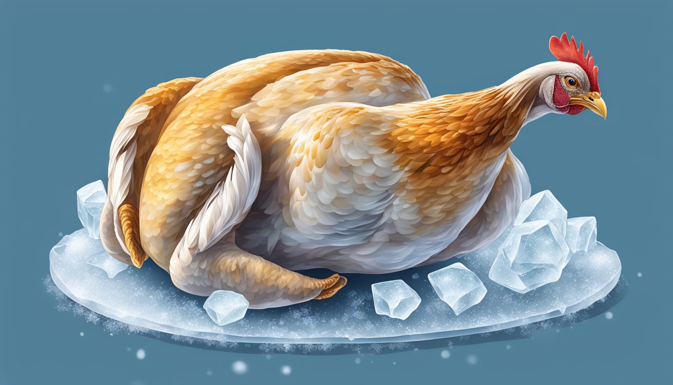 A whole chicken split in half, one fresh and one frozen, surrounded by ice crystals and frost