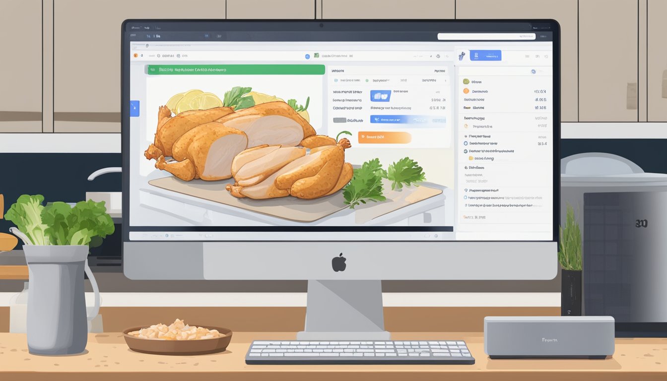 A kitchen counter with a cutting board, knife, and both fresh and frozen chicken. A computer screen in the background shows a Reddit page discussing the poultry debate