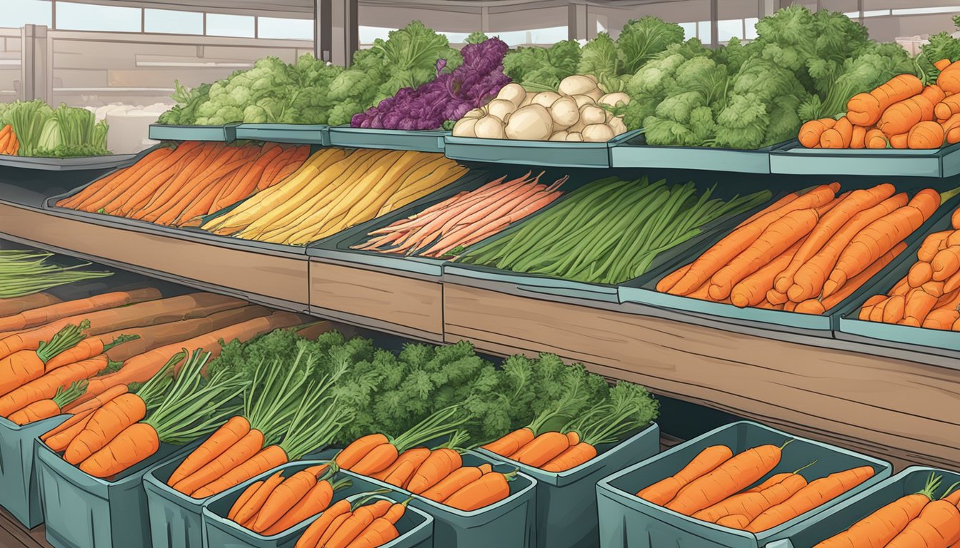 A farmer's market with a variety of fresh carrots on display, next to a freezer section with bags of frozen carrots