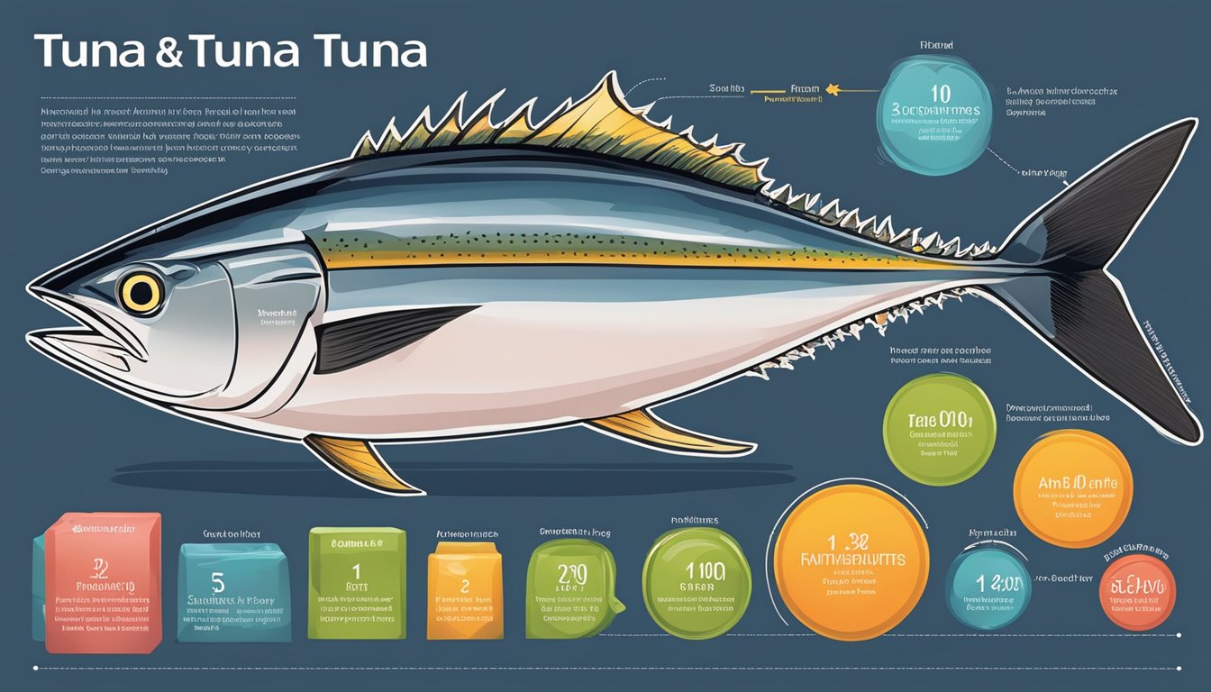 A side-by-side comparison of fresh and frozen tuna, with detailed nutritional information displayed next to each piece. The fresh tuna is vibrant and glossy, while the frozen tuna appears slightly duller in color