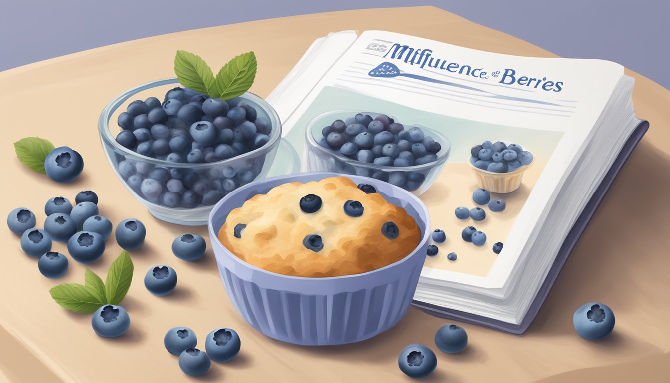 A muffin batter bowl with fresh and frozen blueberries next to a recipe book titled "The Influence of Berries on Muffin Quality."