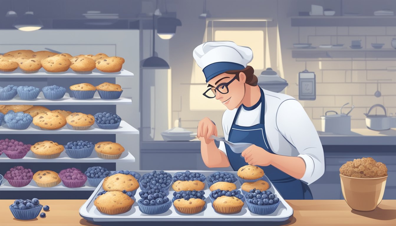 A baker carefully selects between frozen and fresh blueberries for muffins, weighing the pros and cons for perfect results