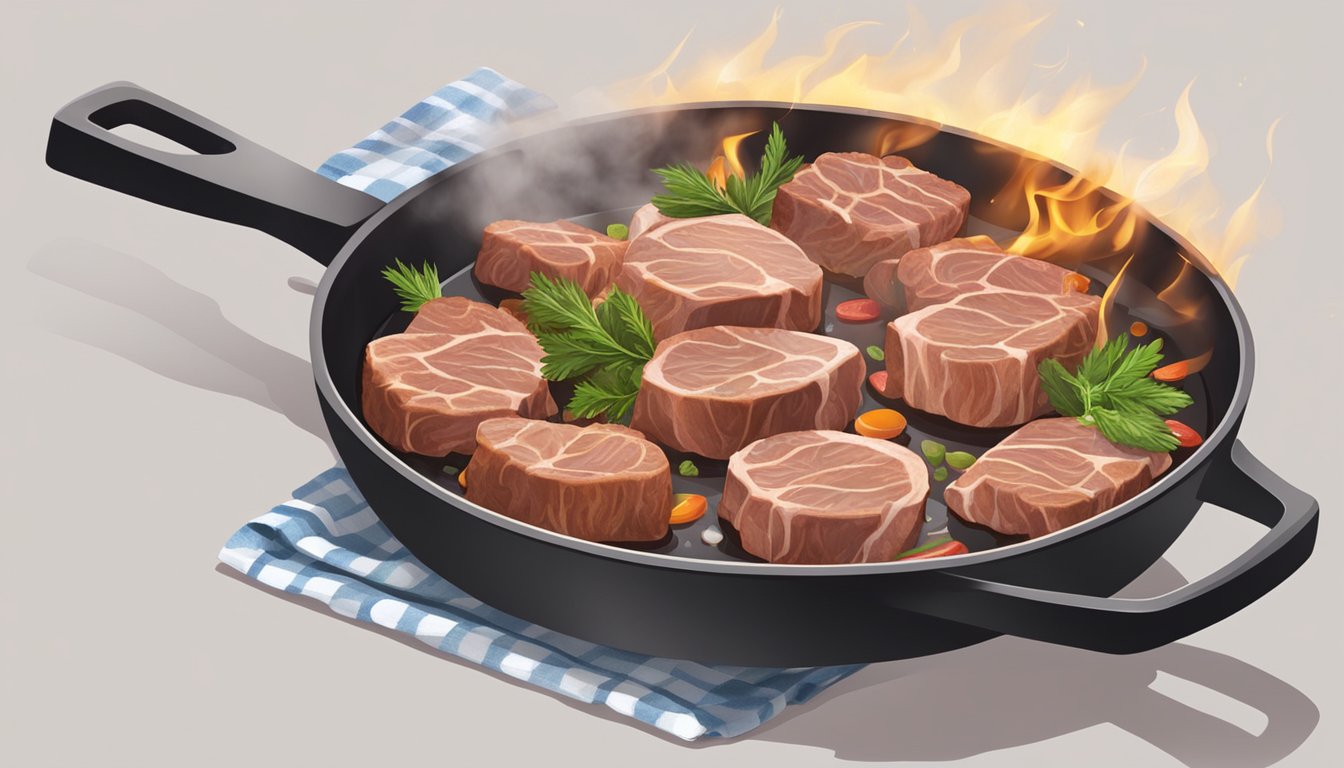 A sizzling skillet with fresh and frozen lamb cuts, emitting aroma. The fresh meat appears juicy and vibrant, while the frozen meat looks slightly less colorful and releases more moisture