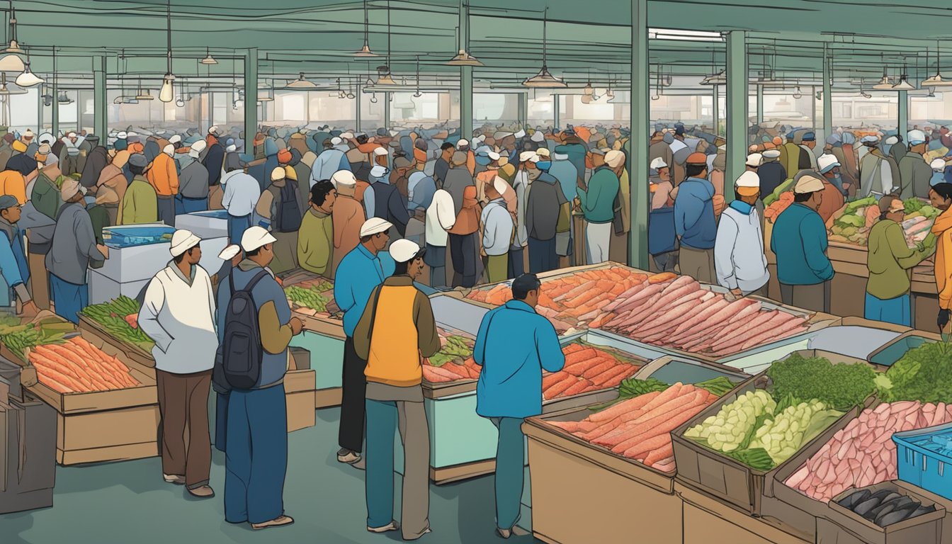 A bustling fish market with a display of fresh and frozen tuna, surrounded by eager customers and vendors discussing sustainability and taste comparisons