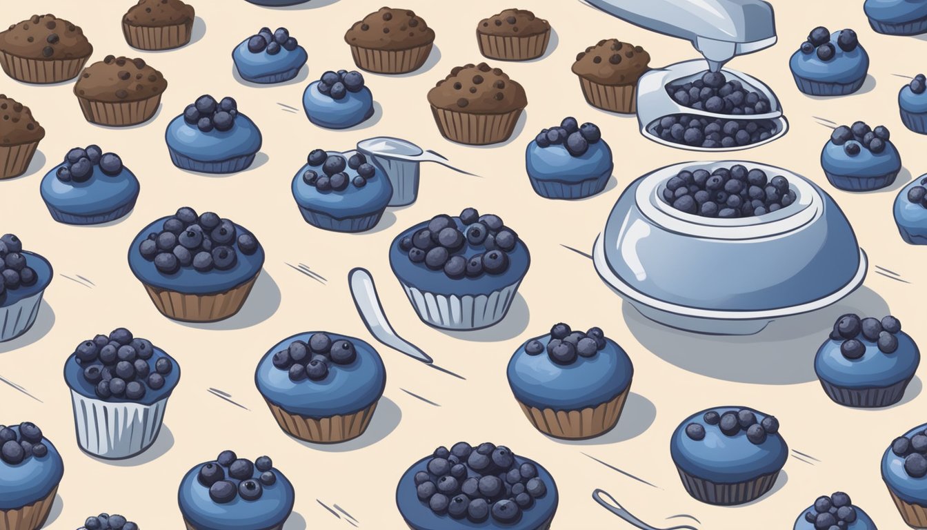 A baker adds fresh blueberries to a batch of muffin batter, while a separate batch is shown with frozen blueberries being incorporated