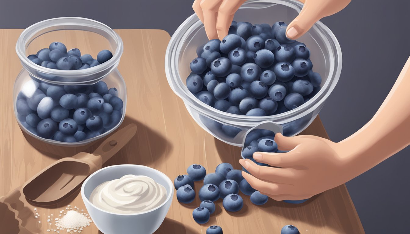 A baker's hand pouring fresh blueberries into a bowl of muffin batter, with a bag of frozen blueberries on the counter