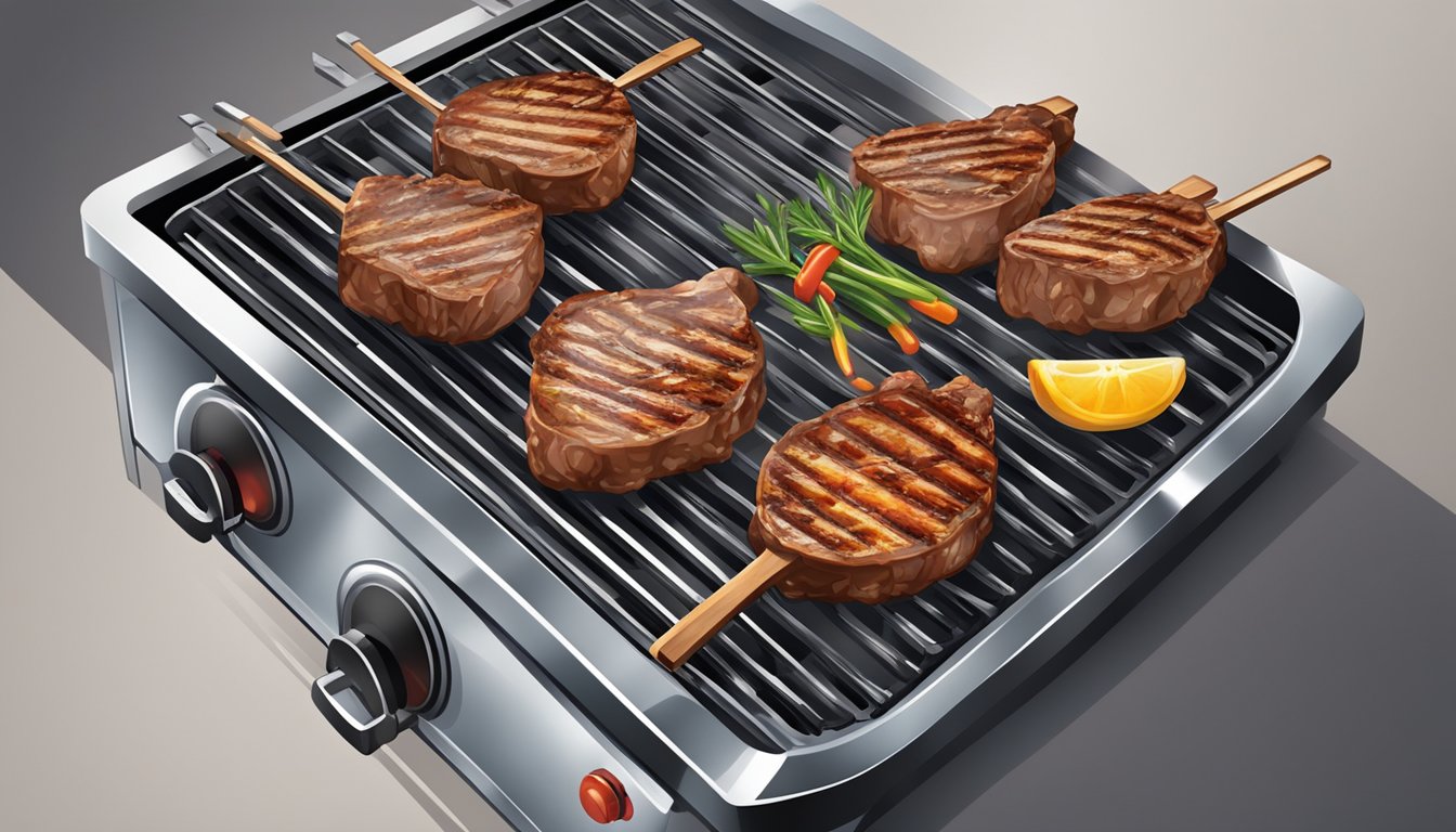 A sizzling grill with fresh and frozen lamb chops side by side, emitting aromatic smoke, evoking a comparison of quality, flavor, and cooking performance