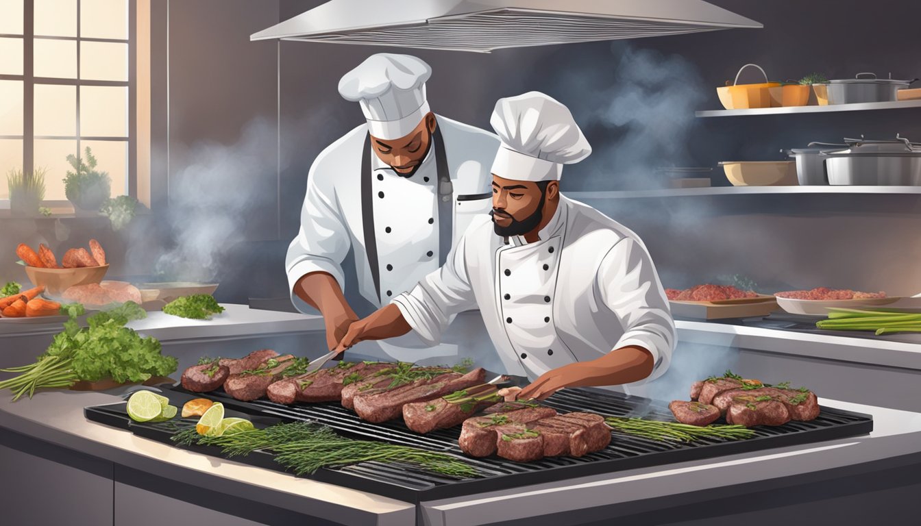 A chef grilling fresh and frozen lamb chops on separate sections of the grill, with a variety of herbs and spices laid out nearby