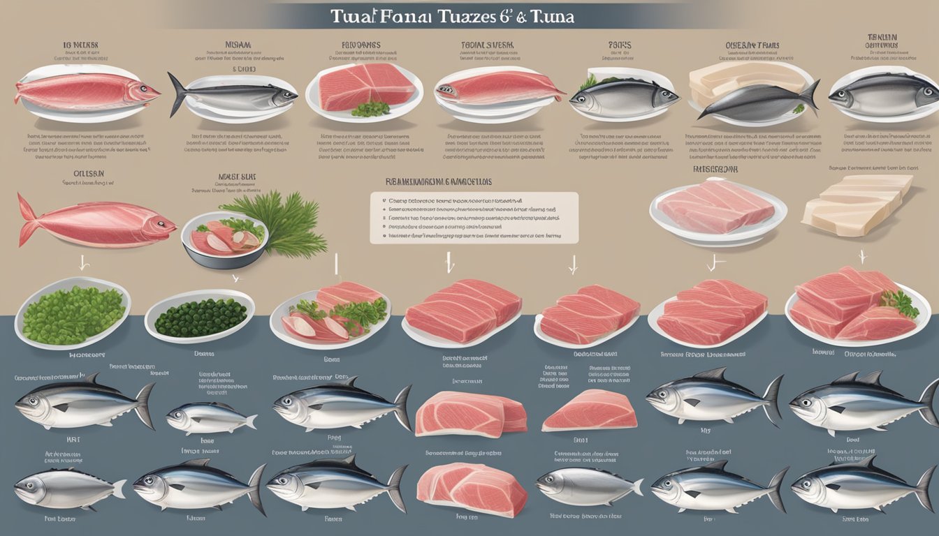 A side-by-side display of fresh and frozen tuna, with accompanying descriptions of taste, quality, and suggested uses