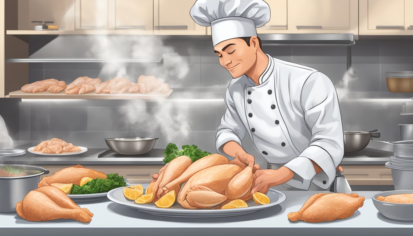 A chef slicing fresh chicken breast next to a pile of frozen chicken, emphasizing the choice between fresh and frozen for meals