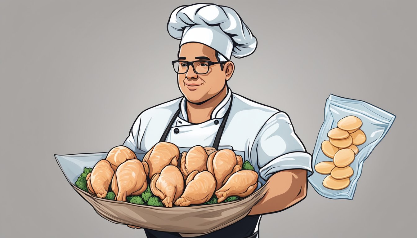 A chef holding a fresh chicken breast in one hand and a bag of frozen chicken breast in the other, with a thoughtful expression on their face