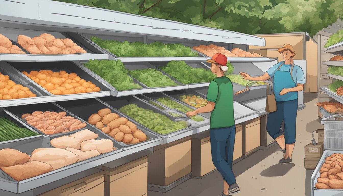 A bustling farmer's market with fresh chicken displayed next to a freezer section filled with packages of frozen chicken breasts. The market is surrounded by greenery and eco-friendly signage