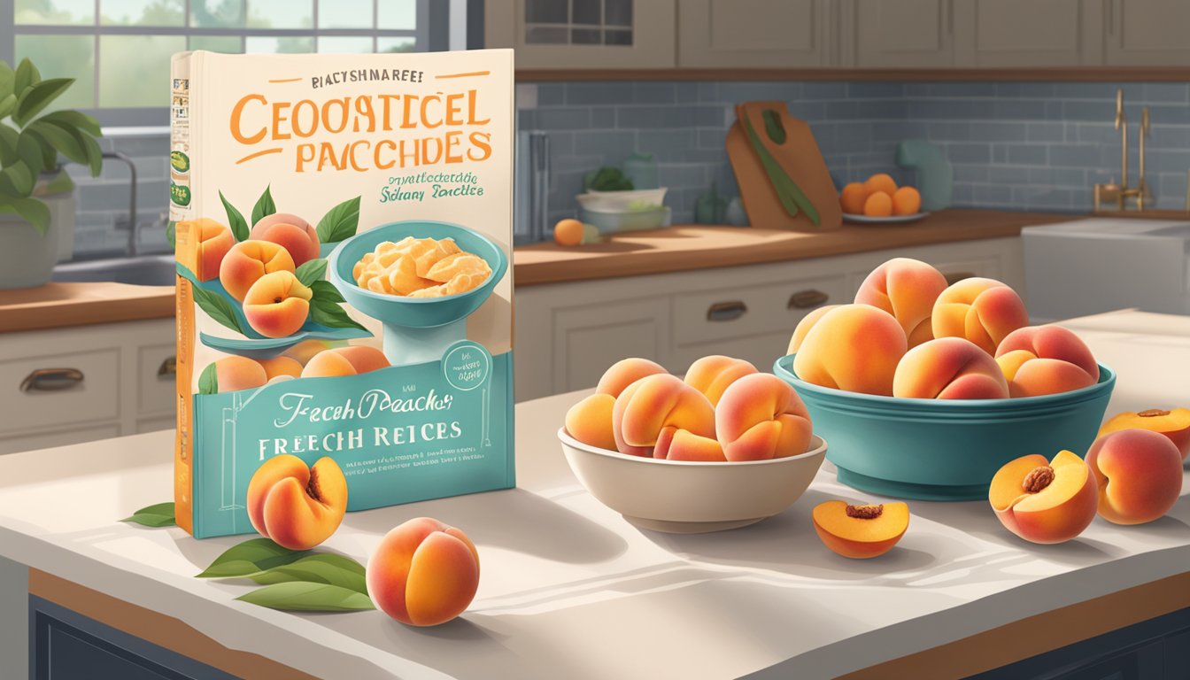 A vibrant kitchen counter displays a bowl of fresh, ripe peaches next to a bag of frozen peaches. A cookbook lies open, showcasing various peach recipes