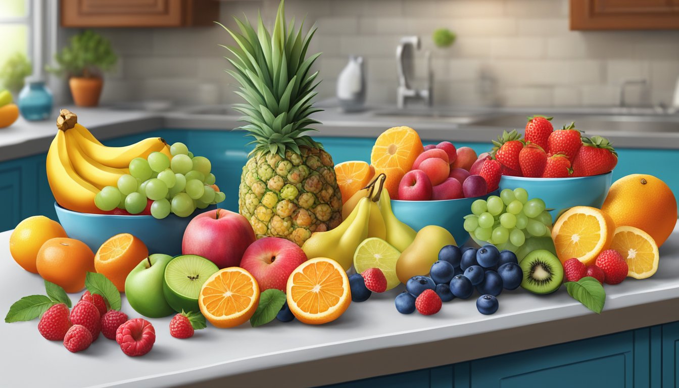 A vibrant array of fresh and frozen fruits, bursting with color and flavor, arranged on a kitchen counter