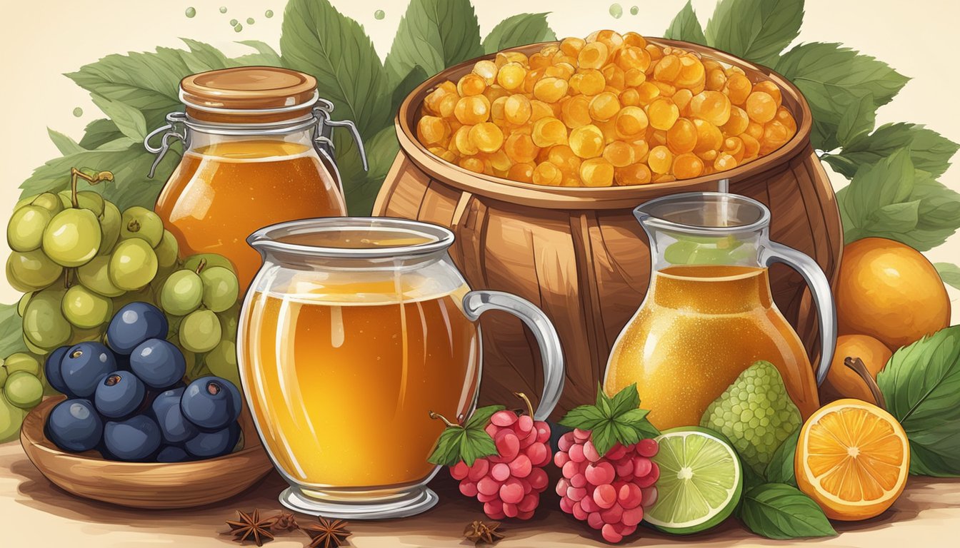 Fresh and frozen fruits arranged around a bubbling pot of honey and spices, as a brewer carefully crafts the perfect mead flavor profile