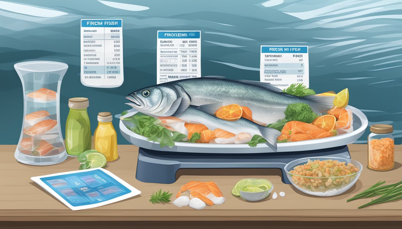 A scale displaying frozen and fresh fish with nutritional labels nearby