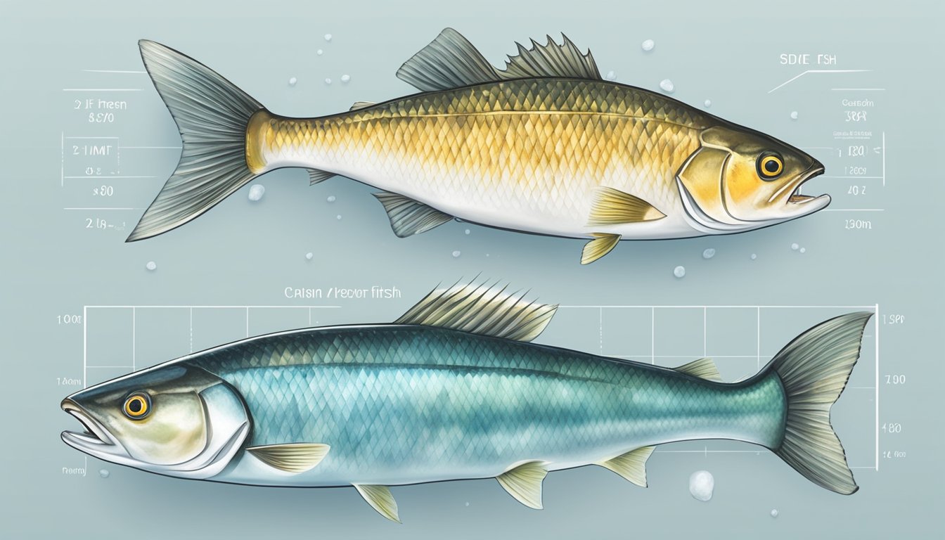 A side-by-side comparison of a frozen fish and a fresh fish, with a scale showing the weight difference