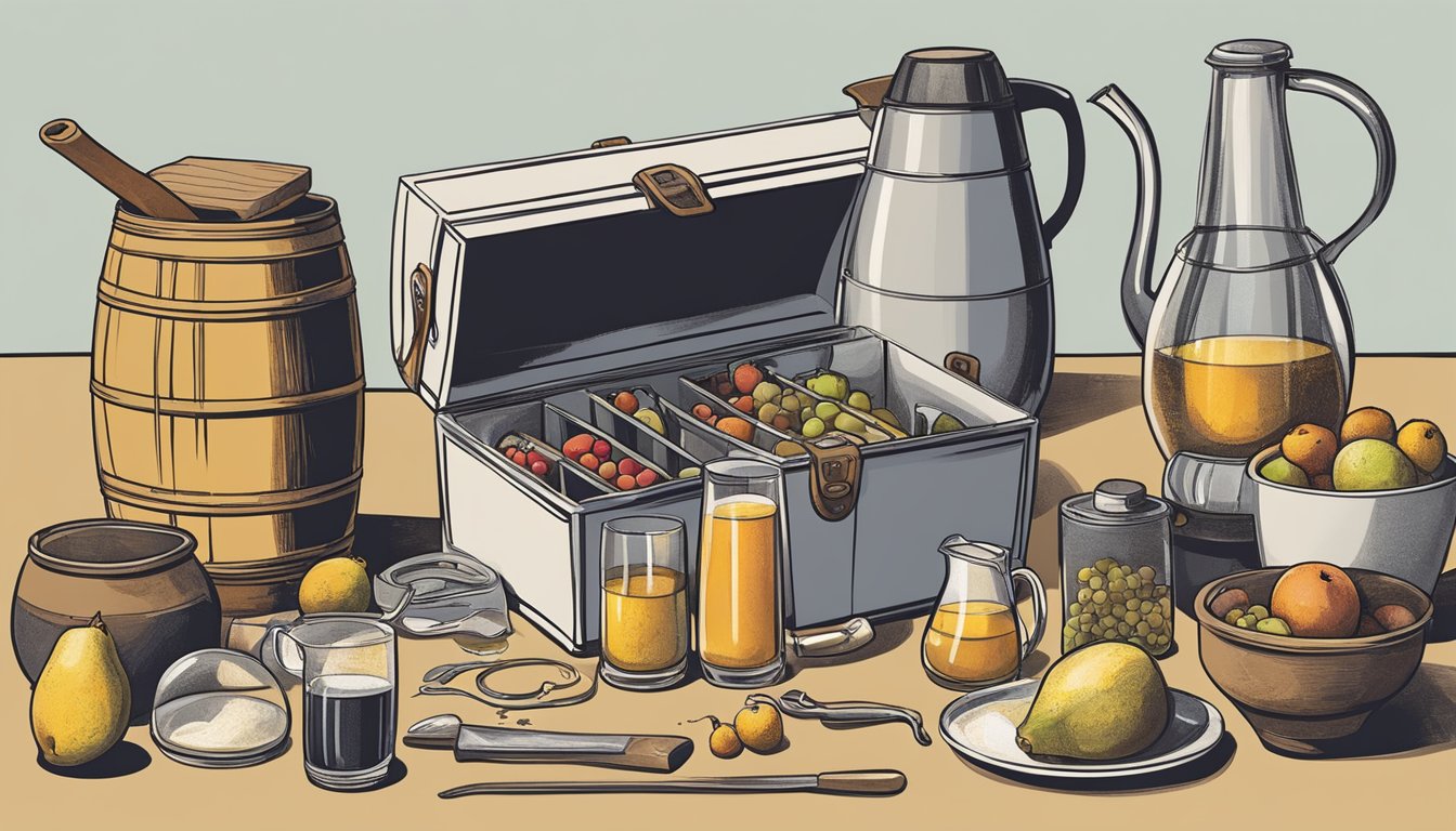 A homebrewer's toolkit sits open, revealing essential equipment for crafting the perfect mead flavor profile. Fresh and frozen fruit are scattered around, ready to be used in the brewing process