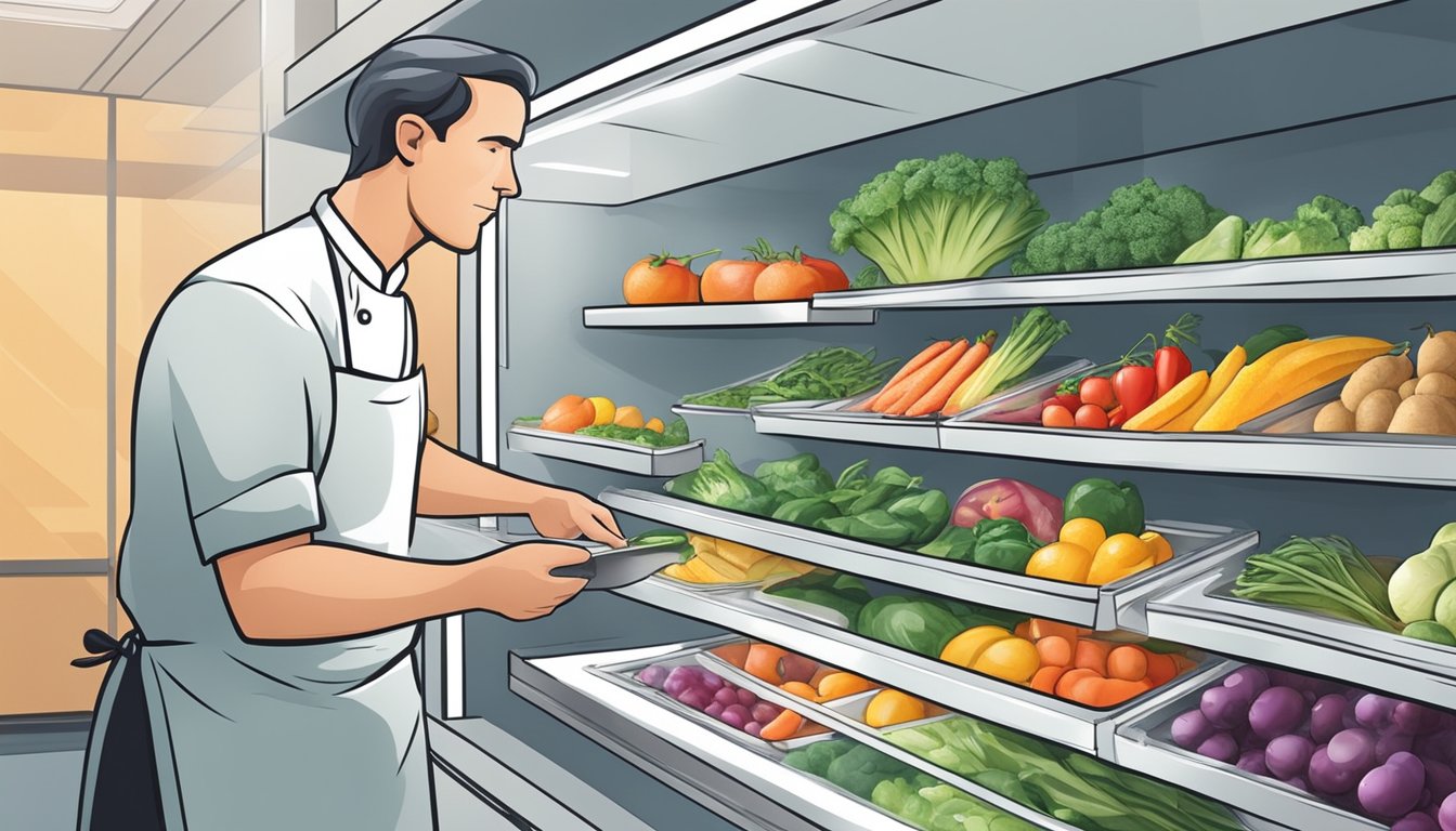 A chef carefully selects fresh produce while a freezer door is open, revealing neatly arranged frozen meals